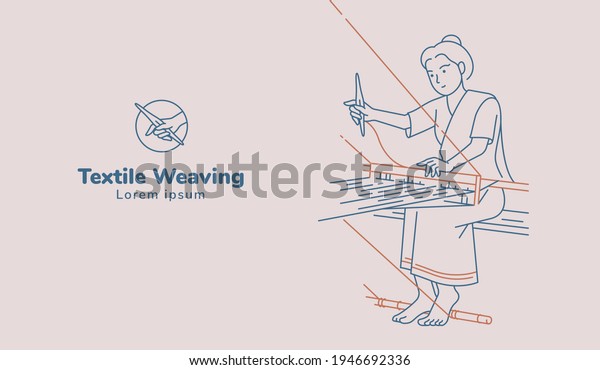 Woman working on weaving hand woven illustration.\
Line art vector.