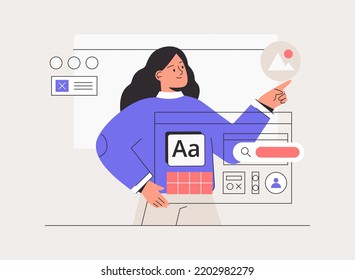 Mujer trabajando en el desarrollo web y de aplicaciones en computadoras. Personaje femenino trabajando en un sitio web o aplicación, ui ux diseño y programación. Ilustraciones de estilo vector plano.