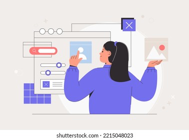 Mujer trabajando en el desarrollo web y de aplicaciones en computadoras. Personaje femenino trabajando en un sitio web o aplicación, ui ux diseño y programación. Ilustraciones de estilo vector plano.