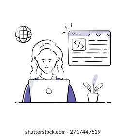 Mujer que trabaja en el proyecto de desarrollo de Web, centrado en la codificación, listo para usar ilustración