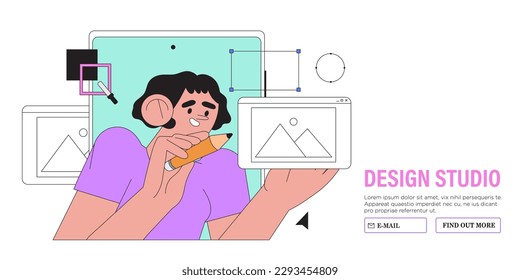 Mujer trabajando en sitio web o aplicación, ui ux diseño y programación. Profesional del diseño haciendo investigación y prototipado. concepto de estudio web o aplicación móvil para banner, anuncios, página de inicio.