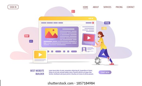 Woman working on the website design. Web agency, website builder,  web designer concept. Vector illustration for banner, presentation, advertising, poster.