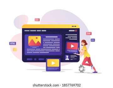 Woman working on the website design. Web agency, website builder,  web designer concept. Vector illustration for banner, presentation, advertising, poster.