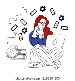 Woman working online. Earning cryptocurrency flat vector illustration