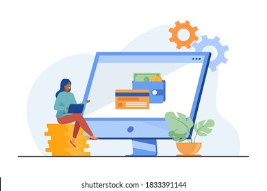 Woman working online and getting profit. Money, business, finance. Flat vector illustration. Investment concept can be used for presentations, banner, website design, landing web page