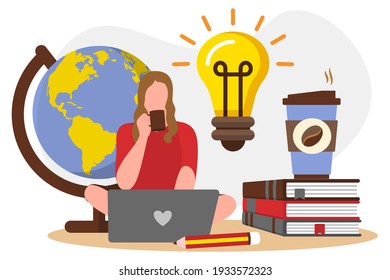 Woman working online at home office workplace. Businesswoman working remotely using laptop computer and phone. Online education, career, freelance flat vector illustration