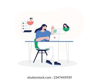 a woman is working online at home and is on a video call with her team, they also send each other their work and share ideas, they often collaborate in their work
flat design, vector illustration