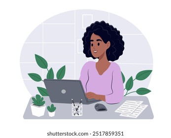 Mujer trabajando en línea en el escritorio de la oficina en la computadora portátil. Mujer afroamericana en el escritorio, trabajando y usando internet. Ilustración plana de Vector