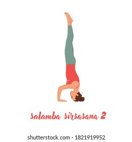 Woman working out against white wall, doing yoga or pilates exercise. Headstand, salamba sirsasana II. Flat vector illustration isolated on white background