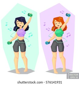 woman working out with dumbbells Music fun exercise cartoon vector illustration eps10.