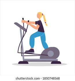 Woman working out with elliptical trainer. Flat vector isolated illustration. Action woman character.