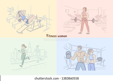 Woman working out in fitness club, bodybuilder training in gym, strong man lifting weights, girl jogging banner