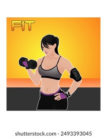 woman working out, gym, physical exercise, weight, yellow background with orange gradient, gray base