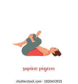 Woman working out at home, doing yoga exercise on floor, lying in Eye of the Needle hip stretch pose (Dead or Reclining Pigeon posture), resting after practice. Flat vector illustration isolated