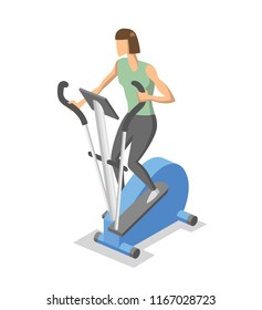 Woman working out on elliptical trainer in the gym. Isometric illlustration of fitness equipment in action. Flat vector illustration. Isolated on white background.