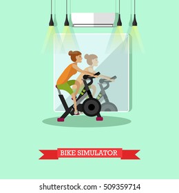 Woman working out on exercise bike in fitness center. Girl in gym vector poster.