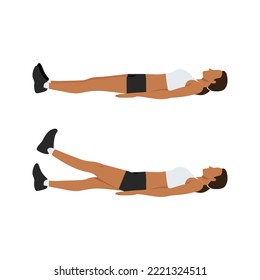 Woman working out on her strength of stomach abs. Lying single or one leg lifts raises. Flat vector illustration isolated on white background