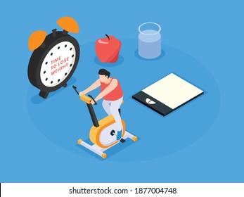 Woman working out on stationary bike isometric 3d vector concept for banner, website, illustration, landing page, flyer, etc.