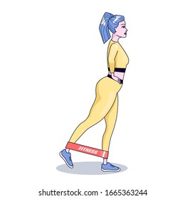 woman working out with resistance band loop. Exercises for legs and buttocks. strength training routine at home or in gym. fitness equipment. isolated vector illustration on white