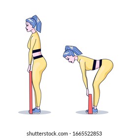 woman working out with resistance band loop. Exercises for legs and buttocks. strength training routine at home or in gym. fitness equipment. isolated vector illustration on white 