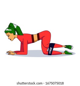 woman working out with resistance band loop. Exercises for legs and buttocks. strength training routine at home or in gym. fitness equipment. isolated vector illustration on white