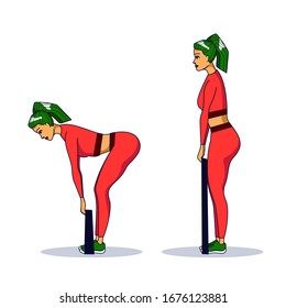 woman working out with resistance band loop. Exercises for legs and buttocks. strength training routine at home or in gym. fitness equipment. isolated vector illustration on white