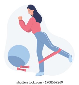 Woman working out with resistance band loop. Strength training routine at home. Exercises for legs and buttocks. Flat vector illustration on a white background.