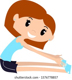Woman working out touching toes, Pilates, gym, tone up keep fit cute female graphic vector illustration on clear background. 