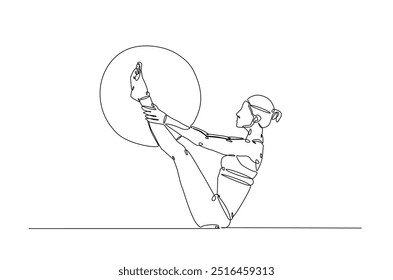 Mujer haciendo ejercicio utilizando bola de fitness dibujo continuo de una línea. Ejercicios de señorita usando bola de gimnasio en ilustración de arte de una sola línea. Vector editable.  