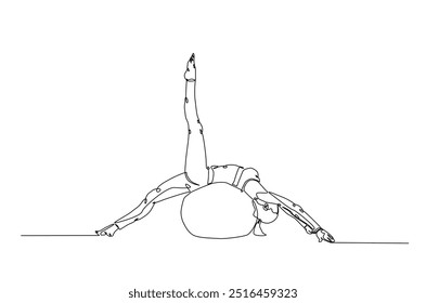 Frau trainieren mit Fitness-Ball kontinuierliche einzeilige Zeichnung. Junge Dame trainiert mit Fitness-Ball in Single Line Art Illustration. Bearbeitbarer Vektor.  