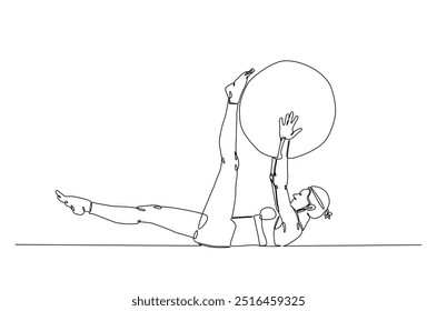 Frau trainieren mit Fitness-Ball kontinuierliche einzeilige Zeichnung. Junge Dame trainiert Pilates mit Fitnessball in Single Line Art Illustration. Bearbeitbarer Vektor.  