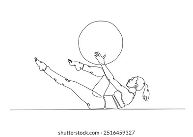 Frau trainieren mit Fitness-Ball kontinuierliche einzeilige Zeichnung. Junge Dame trainiert Pilates mit Fitnessball in Single Line Art Illustration. Bearbeitbarer Vektor.  