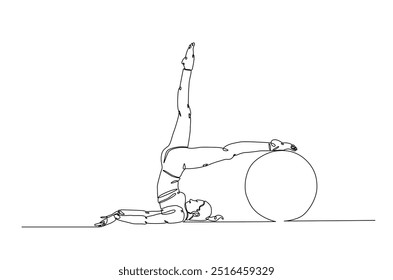 Frau trainieren mit Fitness-Ball kontinuierliche einzeilige Zeichnung. Junge Dame trainiert mit Fitness-Ball in Single Line Art Illustration. Bearbeitbarer Vektor.  