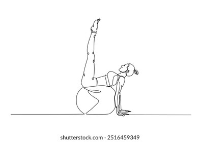 Frau trainieren mit Fitness-Ball kontinuierliche einzeilige Zeichnung. Junge Dame trainiert mit Fitness-Ball in Single Line Art Illustration. Bearbeitbarer Vektor.  