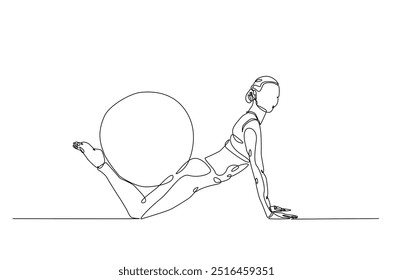 Frau trainieren mit Fitness-Ball kontinuierliche einzeilige Zeichnung. Junge Dame trainiert mit Fitness-Ball in Single Line Art Illustration. Bearbeitbarer Vektor.  