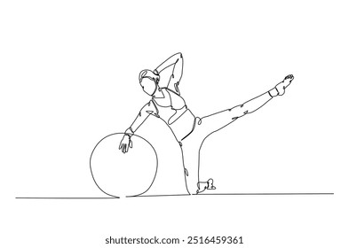 Frau trainieren mit Fitness-Ball kontinuierliche einzeilige Zeichnung. Junge Dame trainiert mit Fitness-Ball in Single Line Art Illustration. Bearbeitbarer Vektor.  