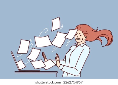 Woman working overtime is having trouble with large volume of documents or email flying out laptop screen. Secretary girl suffers from overtime and cannot cope with duties due to unprofessionalism