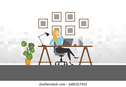 Woman working with phone workplace scene with laptop at her desk at home.vector illustration