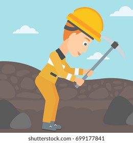 A woman working with a pickaxe on the background of coal mine vector flat design illustration. Square layout.