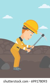 Una mujer trabajando con un pickaxe en el fondo de la ilustración de diseño plano del vector de la mina de carbón. Diseño vertical.