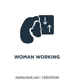 Woman Working Process icon. Black filled vector illustration. Woman Working Process symbol on white background. Can be used in web and mobile.