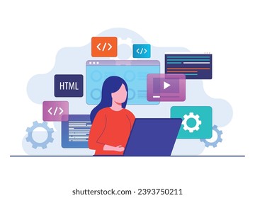 Woman working as programmer, Writing code using laptop, Website developer, Coding software elements on background flat illustration vector template