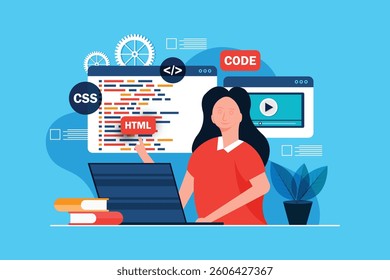 Woman working as programmer, writing code using laptop, Website developer, Coding software elements on blue background