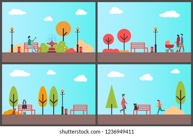 Woman working with project on laptop in autumn park vector. Father and mother with kid walking along trees, man playing with bird. Teenager strolling