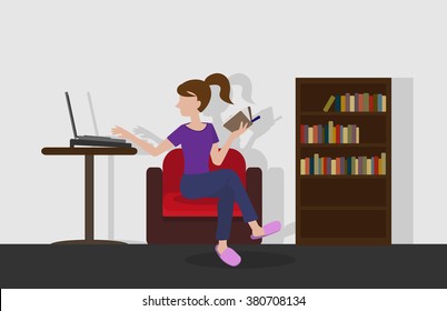 Woman working and reading a book vector