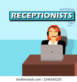 A Woman Working As A Receptionist At Her Desk With A Laptop With Bold Texts On Blue Background, National Receptionists Day May 11