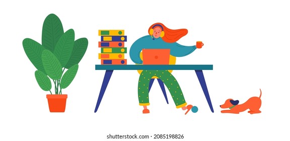 Woman working remote from home. Freelance busy girl in pajama pants working on laptop and playing with dog. 