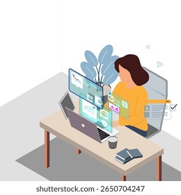 Woman working remotely analyzing financial data from laptop at cafe with monimal icon background,Modern business vector flat isometric design