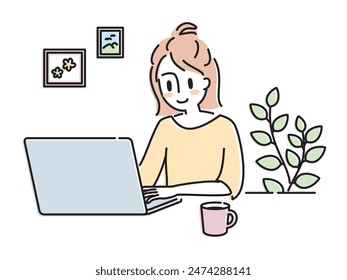 A woman working remotely comfortably in her room