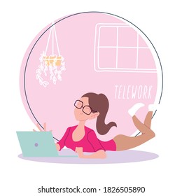 woman working remotely from her home, telework vector illustration design